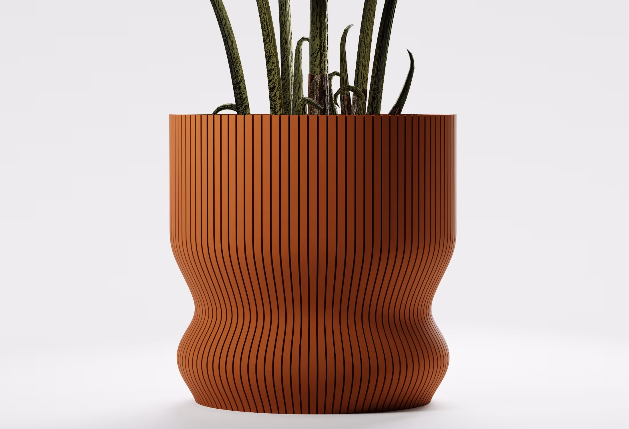 Terracotta planter with vertical black lines holding a green snake plant against a white background.