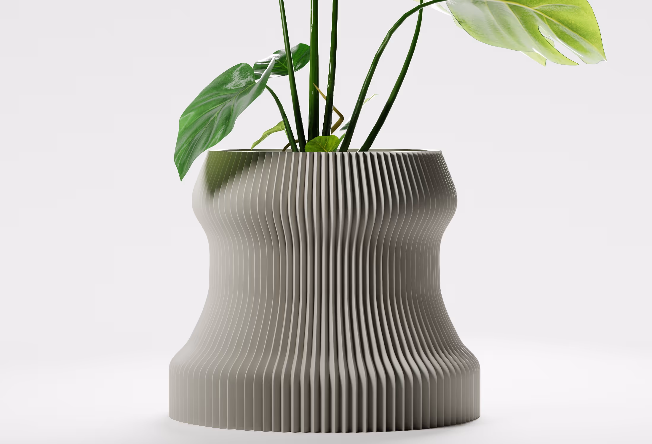 Khaki ribbed modern flower pot with green leafy plant on white background.