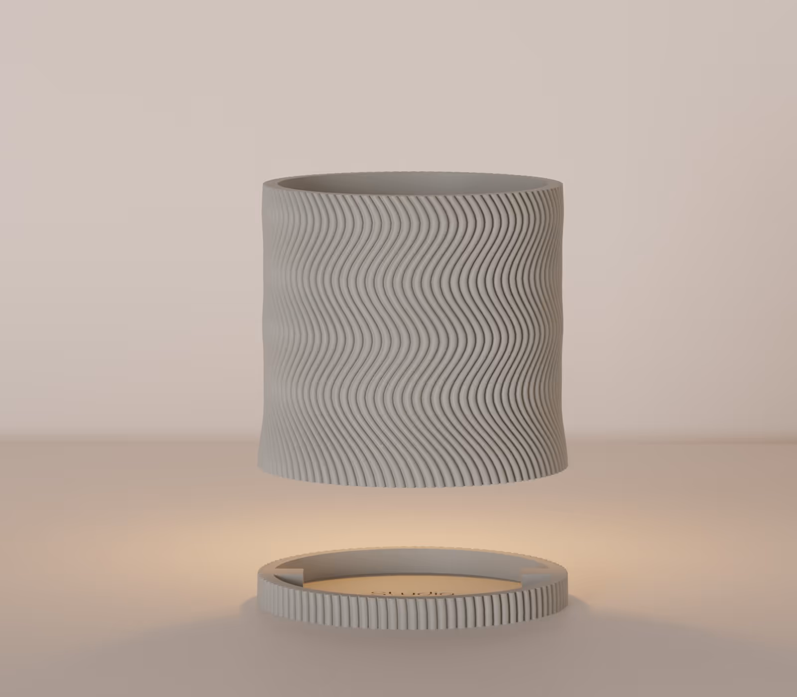 Gray cylindrical container with wavy ridges floating above a matching circular base on a beige surface.