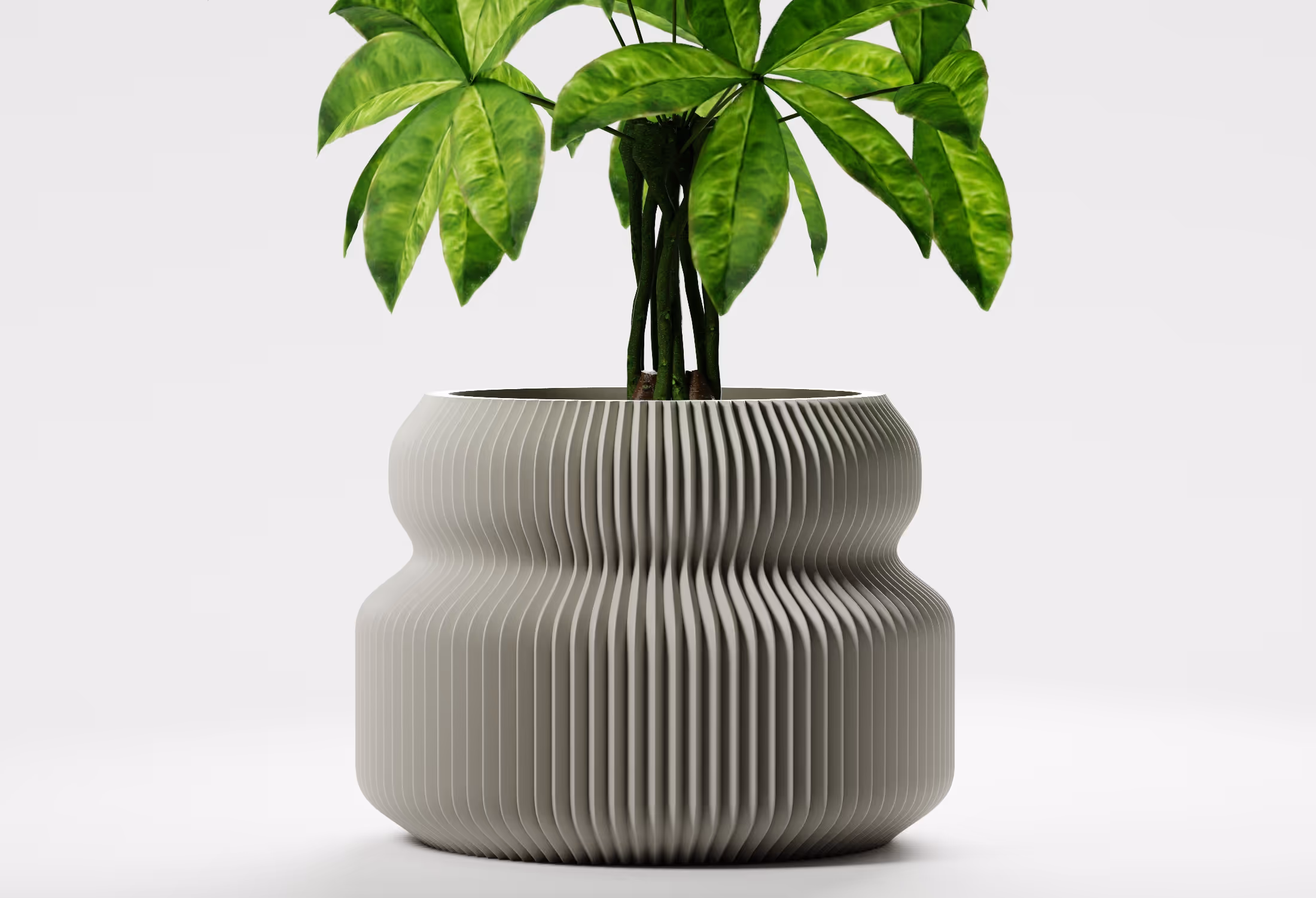 Green leafy plant in a textured, ribbed khaki-colored pot with a wavy shape on a white background.