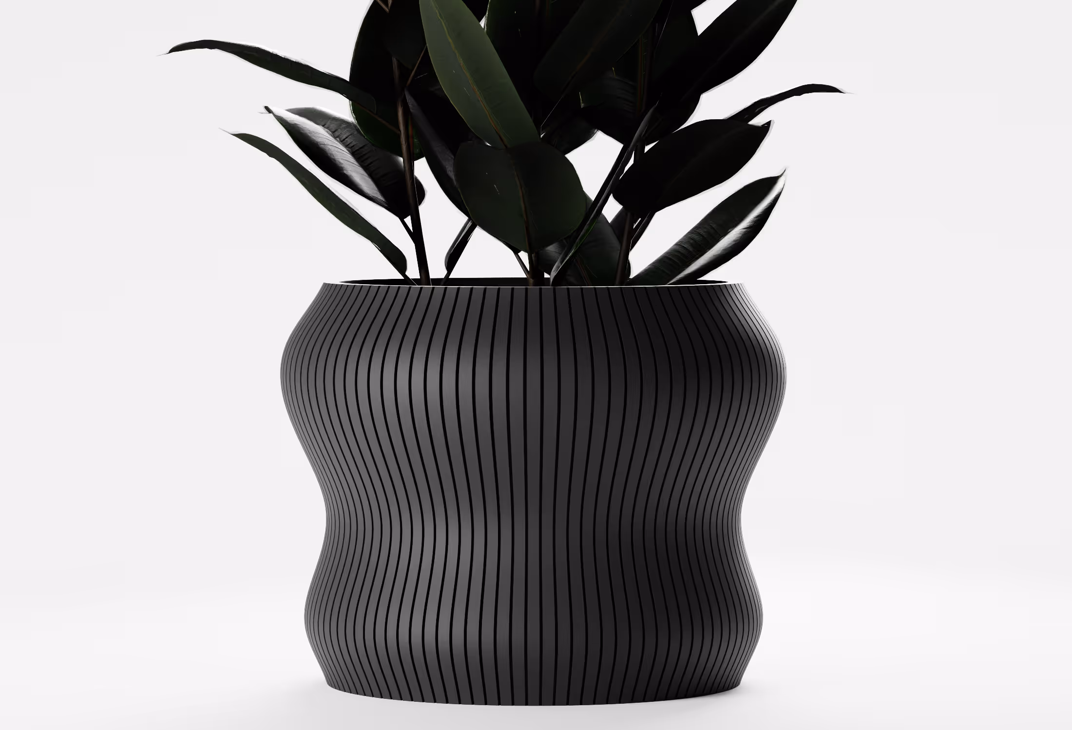 Black contemporary planter with an organic curved form and vertical ribbed texture, shown front-on with a leafy indoor plant on a light grey background.