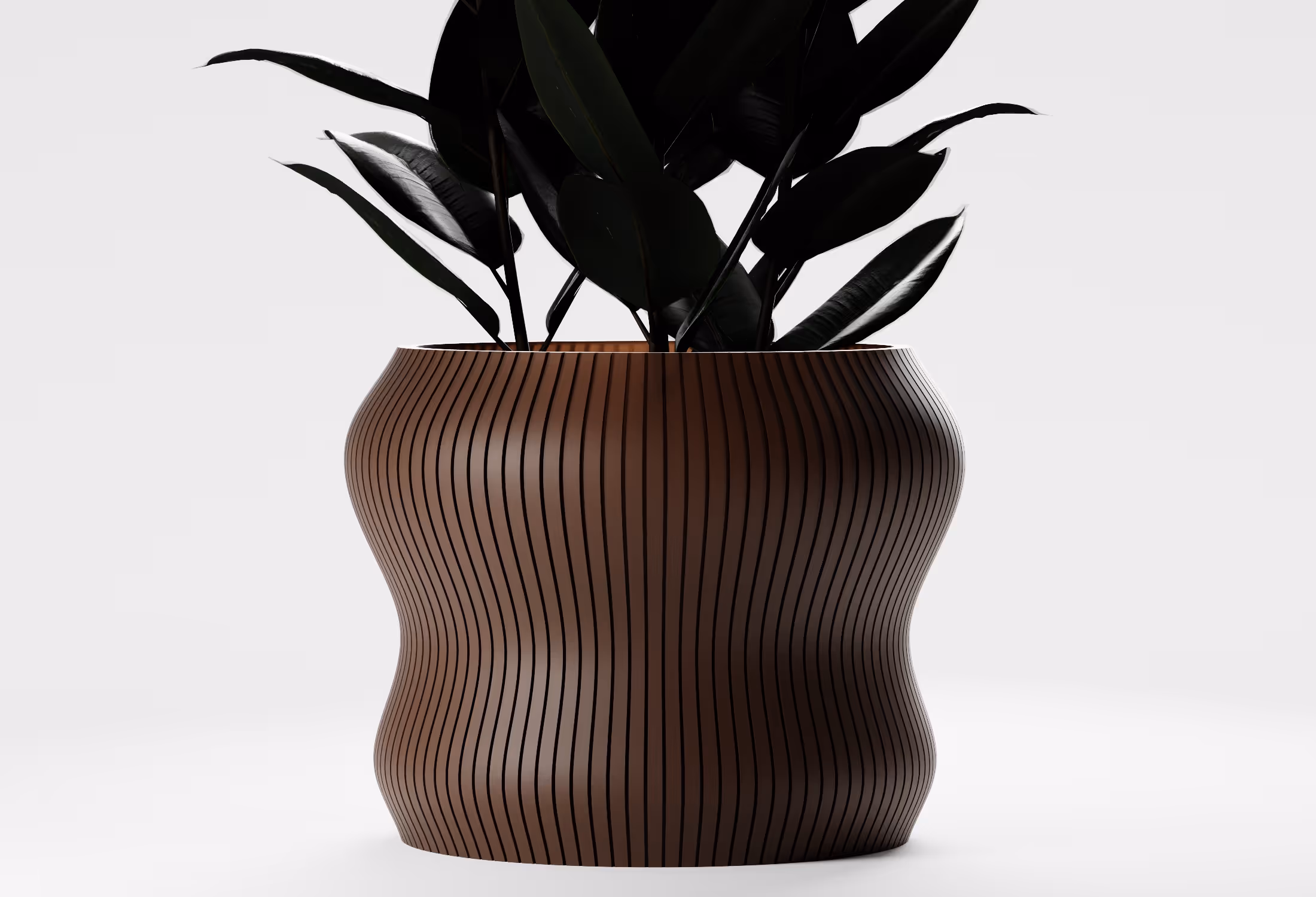 Dark Brown contemporary planter with an organic curved form and vertical ribbed texture, shown front-on with a leafy indoor plant on a light grey background.