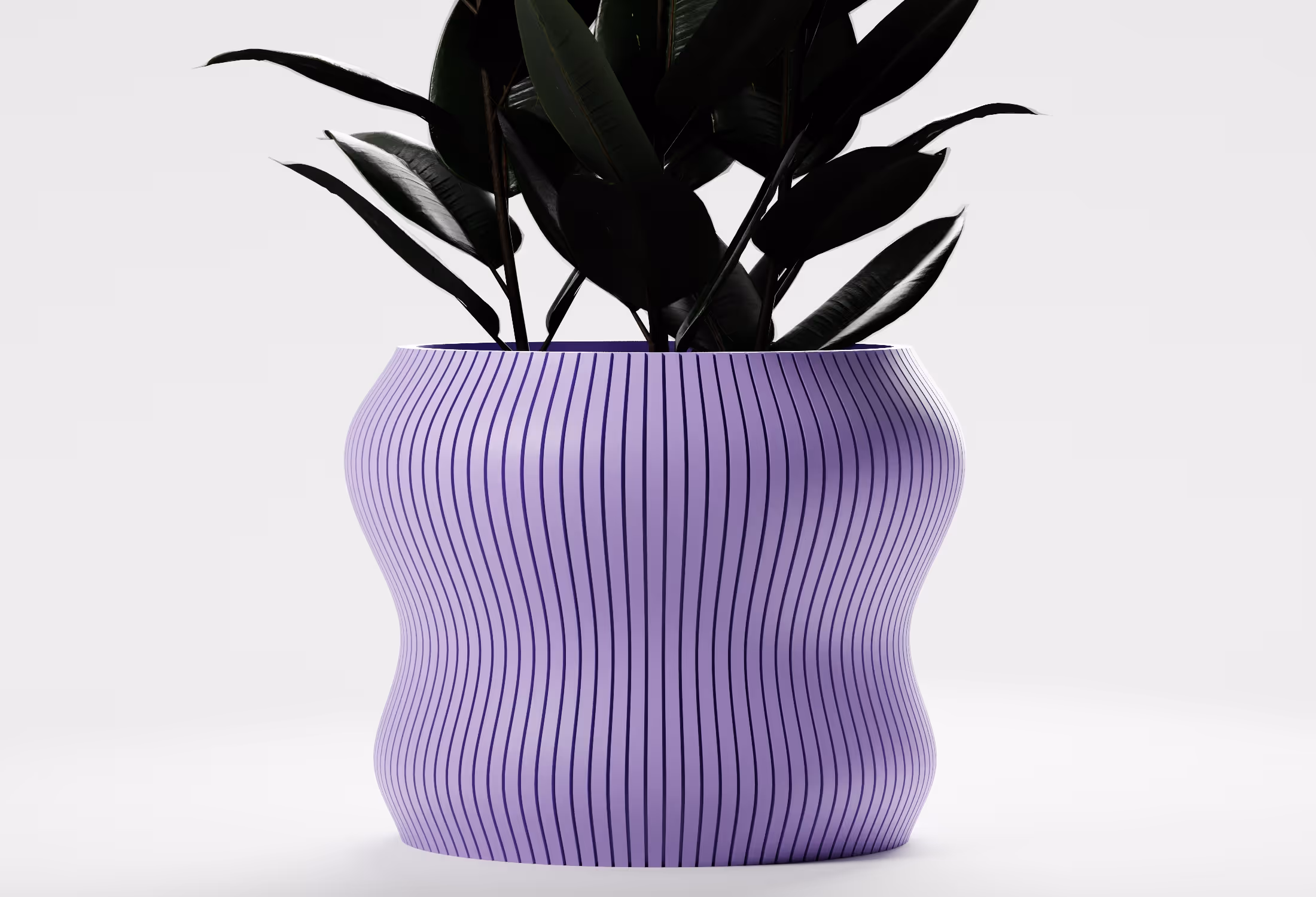 Lilac contemporary planter with an organic curved form and vertical ribbed texture, shown front-on with a leafy indoor plant on a light grey background.