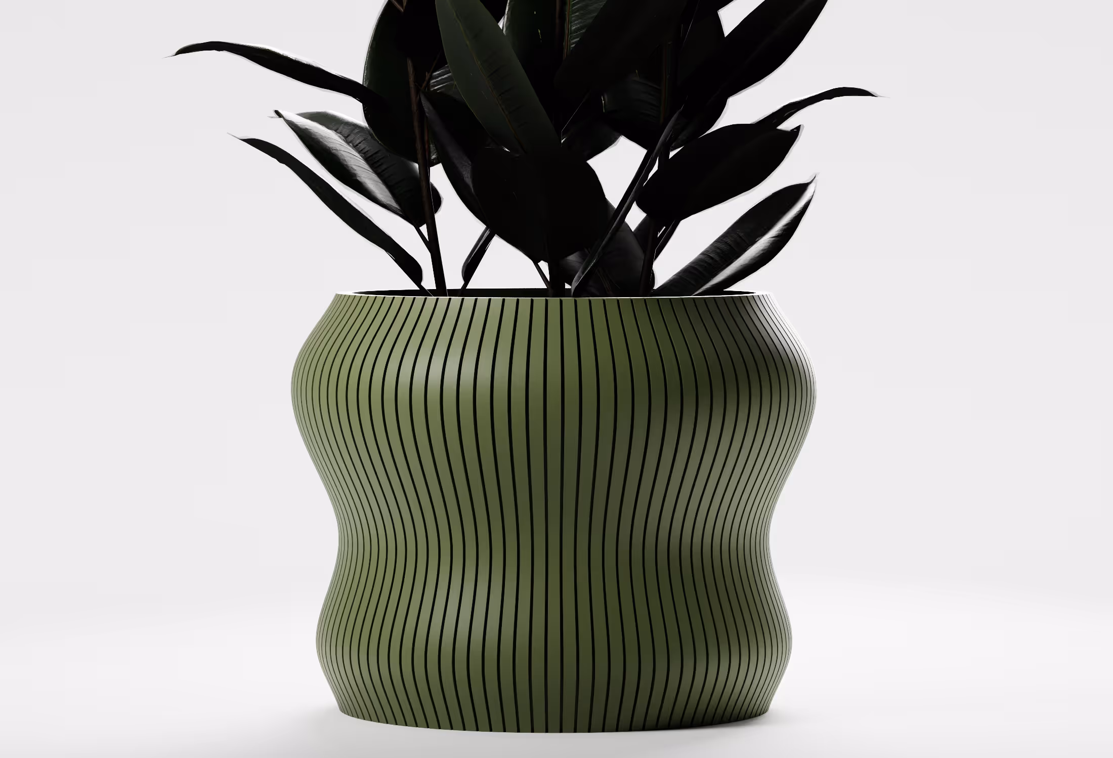 Olive green contemporary planter with an organic curved form and vertical ribbed texture, shown front-on with a leafy indoor plant on a light grey background.