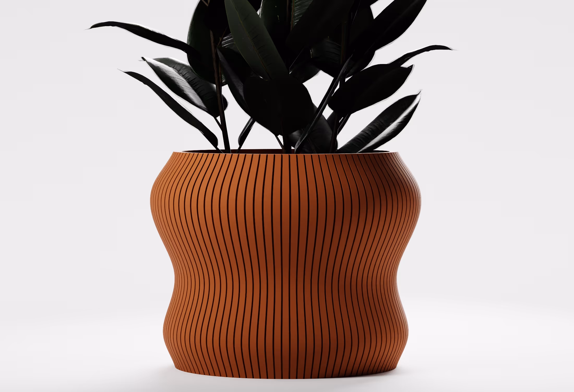 Terracotta contemporary planter with an organic curved form and vertical ribbed texture, shown front-on with a leafy indoor plant on a light grey background.