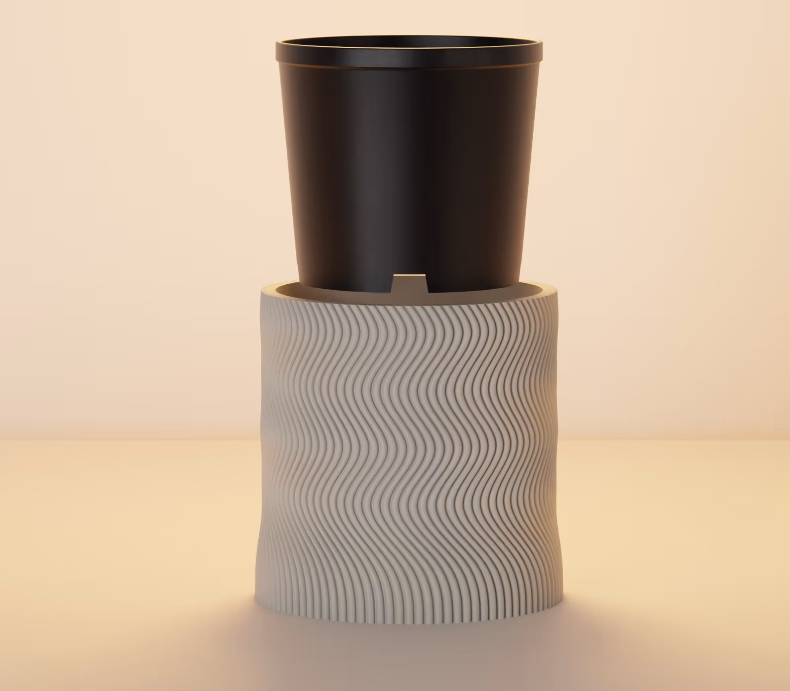 Black cylindrical container sitting in a textured white wavy-patterned holder on neutral background.