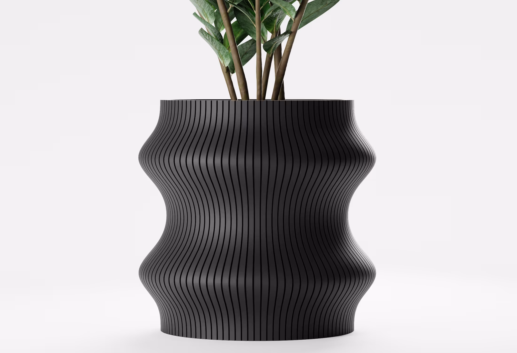 Black tall wavy planter with vertical ribbed texture, shown front-on with a leafy indoor plant against a light grey background.