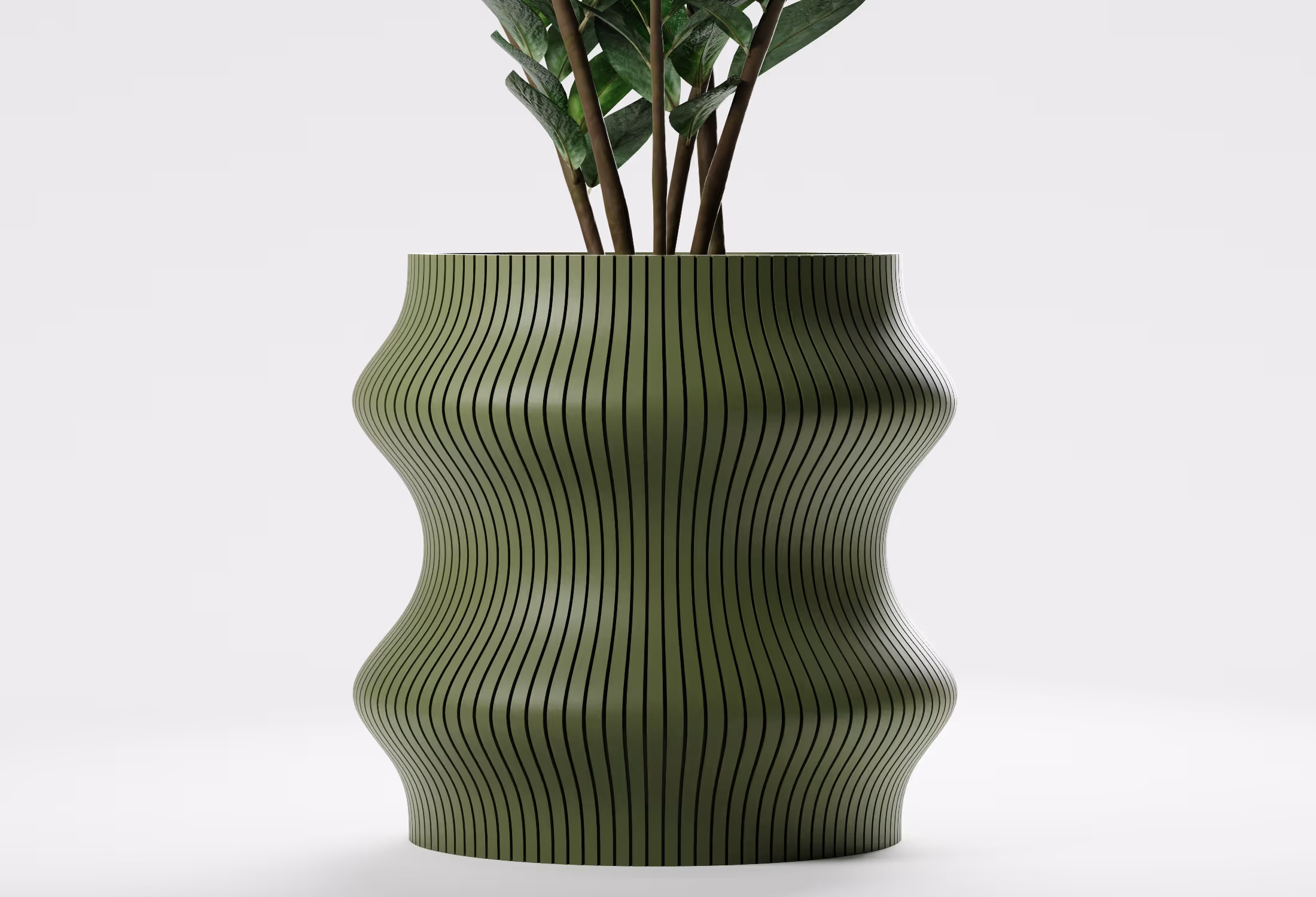 Olive Green tall wavy planter with vertical ribbed texture, shown front-on with a leafy indoor plant against a light grey background.