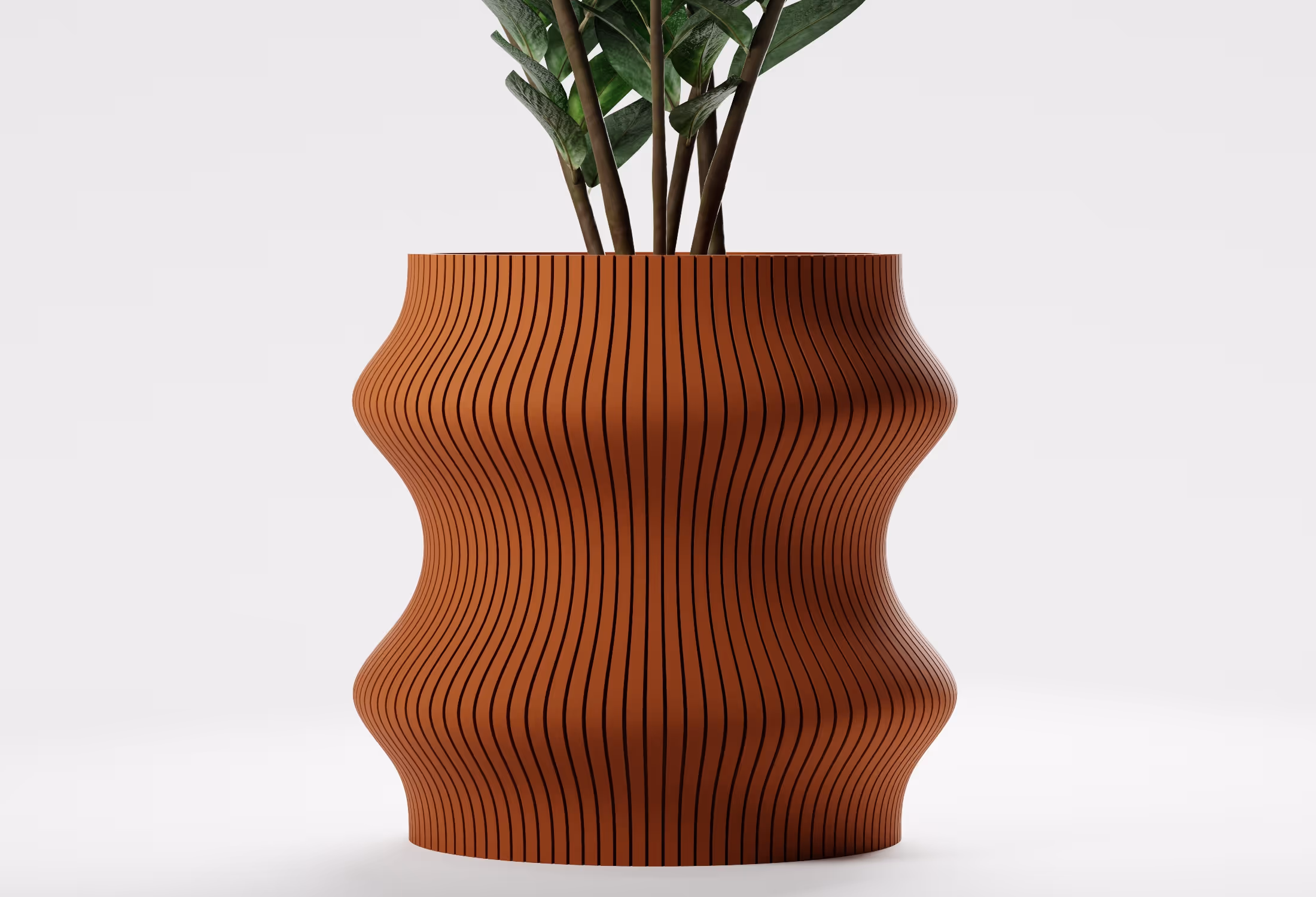Terracotta tall wavy planter with vertical ribbed texture, shown front-on with a leafy indoor plant against a light grey background.