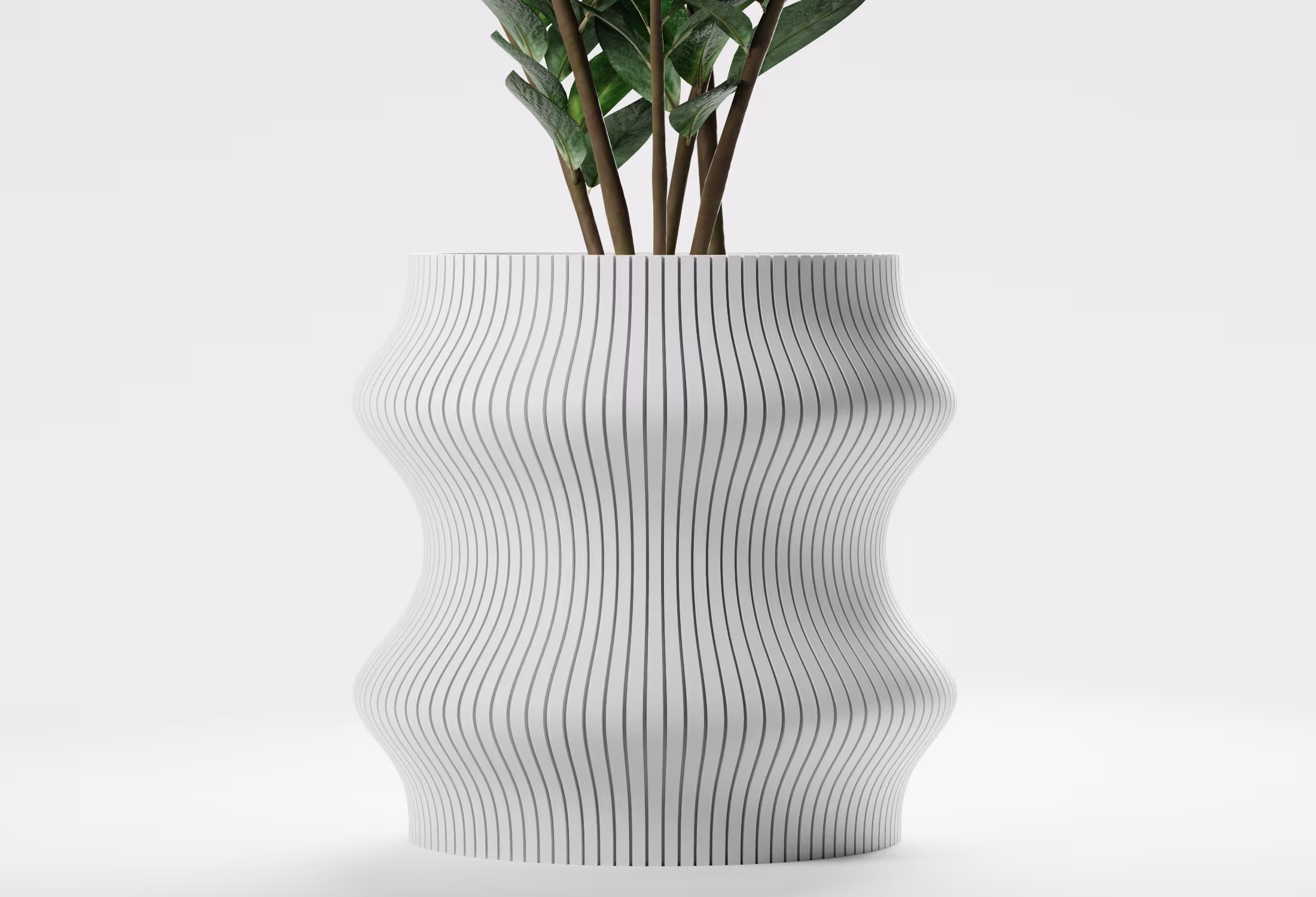 White vase with wavy vertical black lines holding a plant with green leaves.