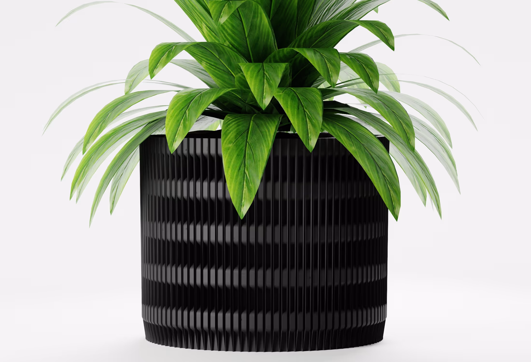 Black cylindrical planter with vertical fluted texture and geometric detailing, shown front-on with a leafy indoor plant against a light grey background.