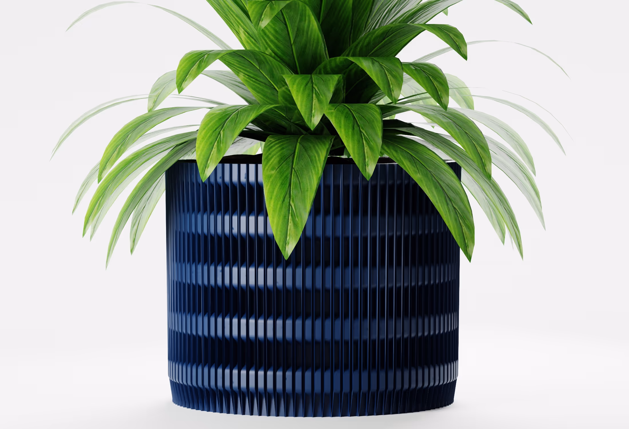 Dark Blue cylindrical planter with vertical fluted texture and geometric detailing, shown front-on with a leafy indoor plant against a light grey background.