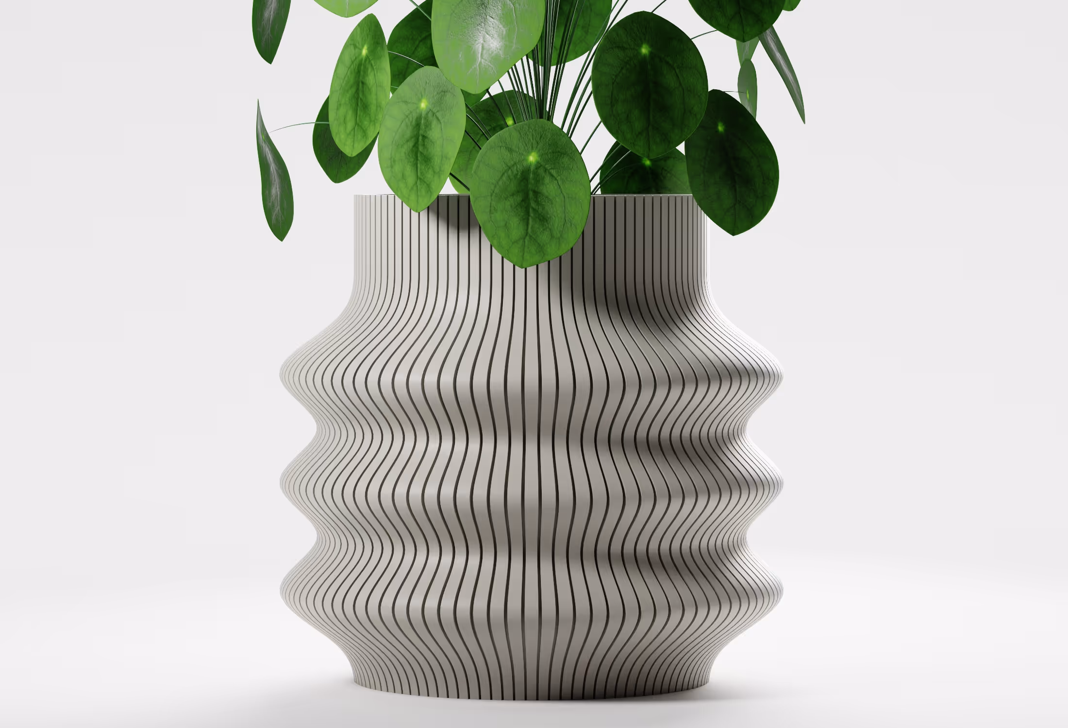 Khaki tall wavy planter with flowing vertical ribbed detailing and a sculptural silhouette, shown front-on with a round-leaf indoor plant against a light grey background.