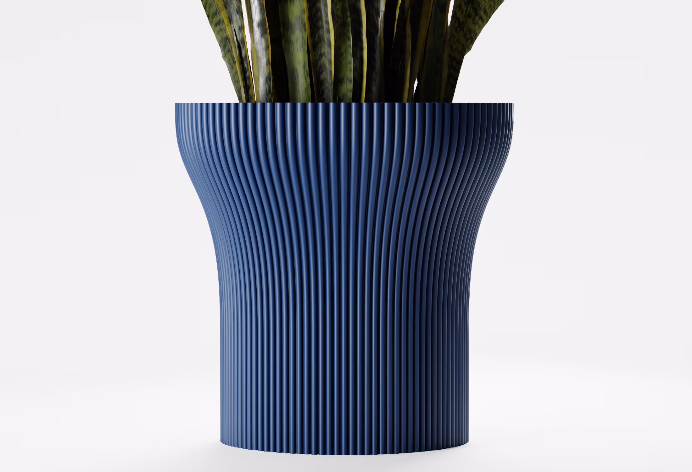 Dark Blue tall tapered planter with fine vertical ribbed detailing and a gently flared silhouette, shown front-on with a snake plant against a light grey background.