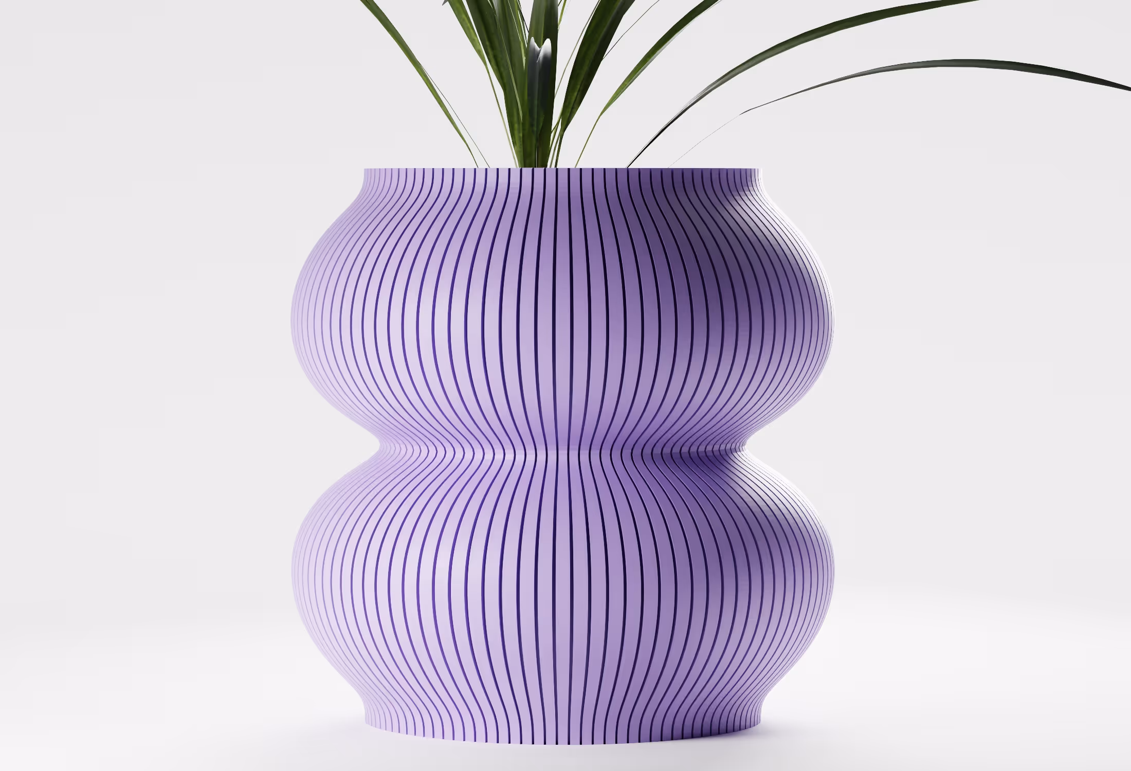 Curvy lilac vase with vertical dark lines and green leafy plant on a white background.
