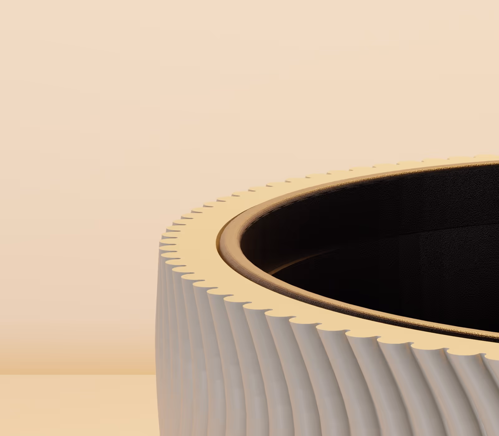 Close-up of a large gear or mechanical ring with a beige outer surface and dark interior.